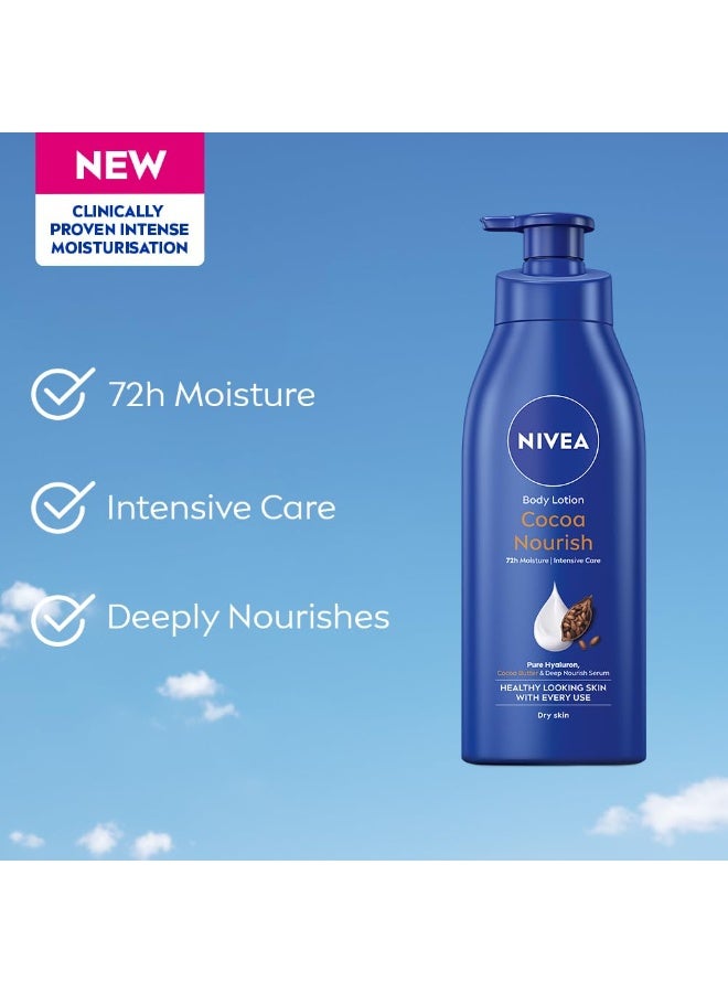 نيفيا لوشن نيفيا كاكاو المغذي للجسم 400 مل مع سيروم الترطيب العميق | ترطيب يدوم 72 ساعة | غني بزبدة الكاكاو وزيت جوز الهند | تركيبة غير دهنية لبشرة صحية المظهر | مناسب للبشرة شديدة الجفاف - Image 2